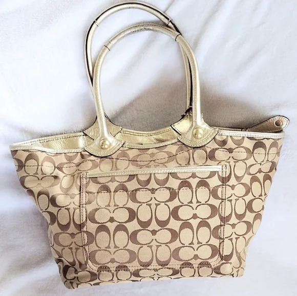 Coach Bleecker Khaki Signature Patchwork Floral Metallic Gold Tote Bag Y2K - Picture 8 of 15